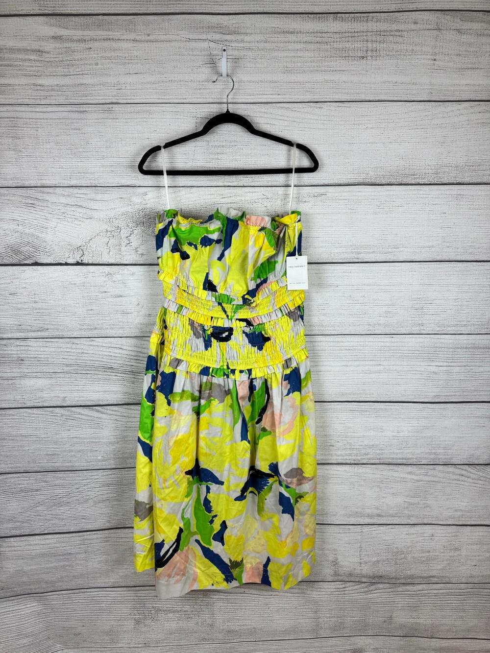 Free Assembly Women's Yellow Green Printed Strapless Smocked Midi Dress Size XL